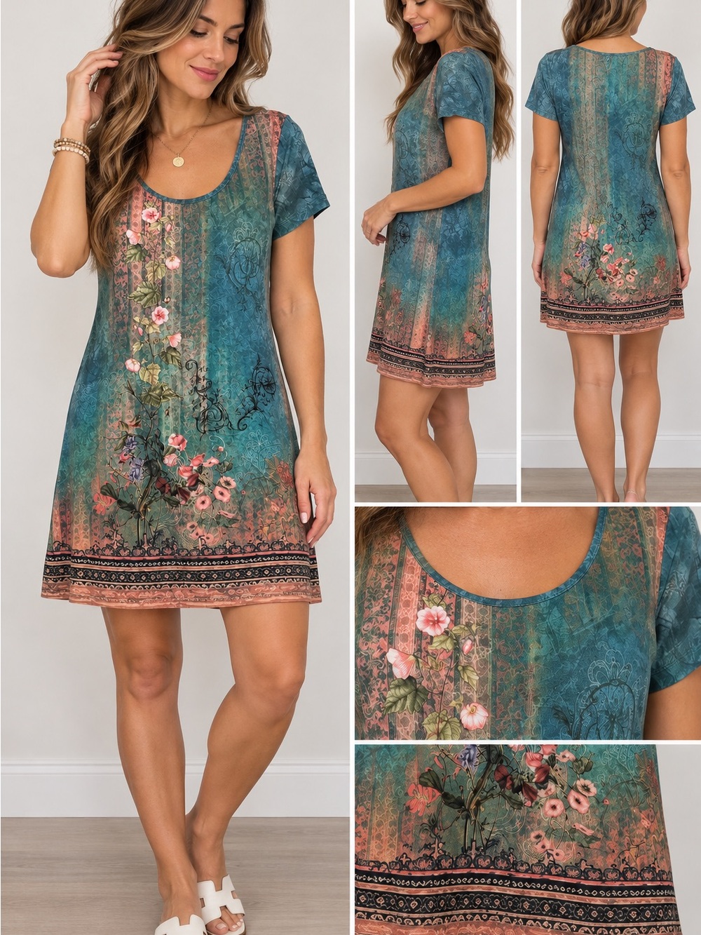 NWT NORACORA Women’s Floral Boho Dress Size M Teal Short Sleeve A-Line